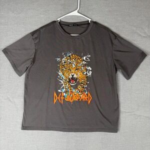 Shein Def Leppard‎ Graphic T-Shirt Leopard Print Rock Band Tee Gray Small
